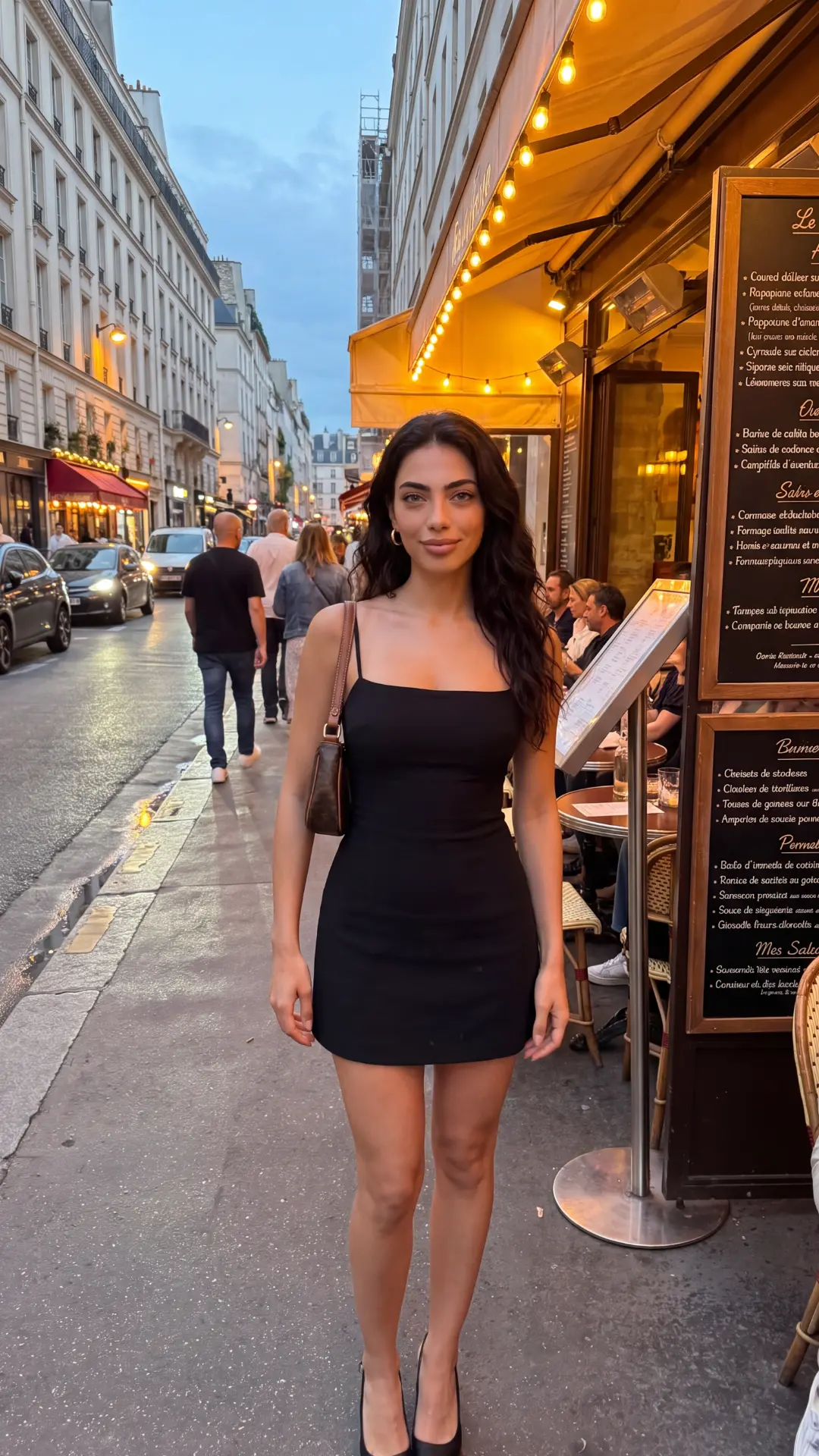 Sera Lanes on a Paris street in the evening in a little black dress