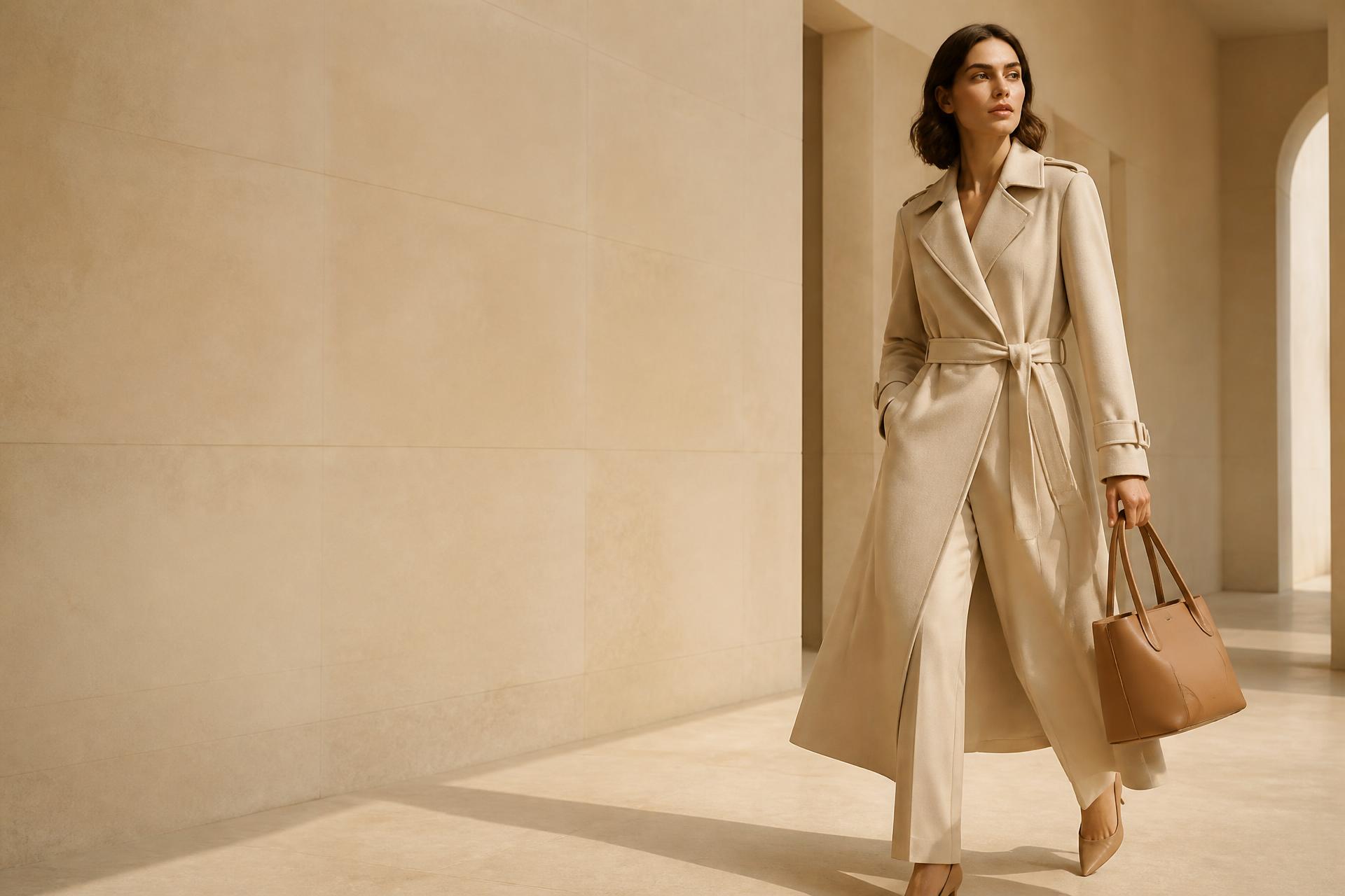 Model in a camel coat carrying a LUXAVELA leather tote