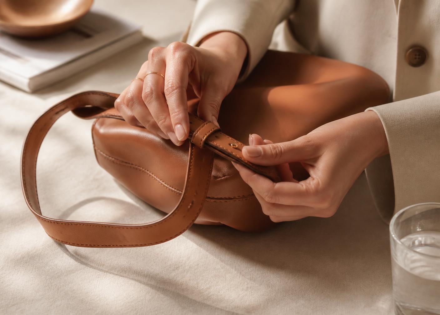 Artisan hands finishing the edge of a leather handbag